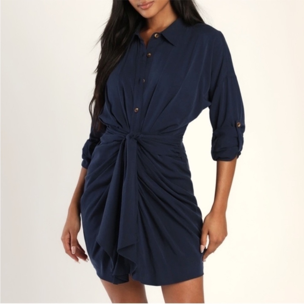 Lulu’s Elegant Navy Blue Button-Up Dress size XS